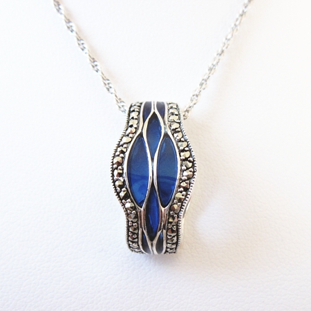 Blue Enamel Pendant Scalloped Edge with Marcasite - Click Image to Close